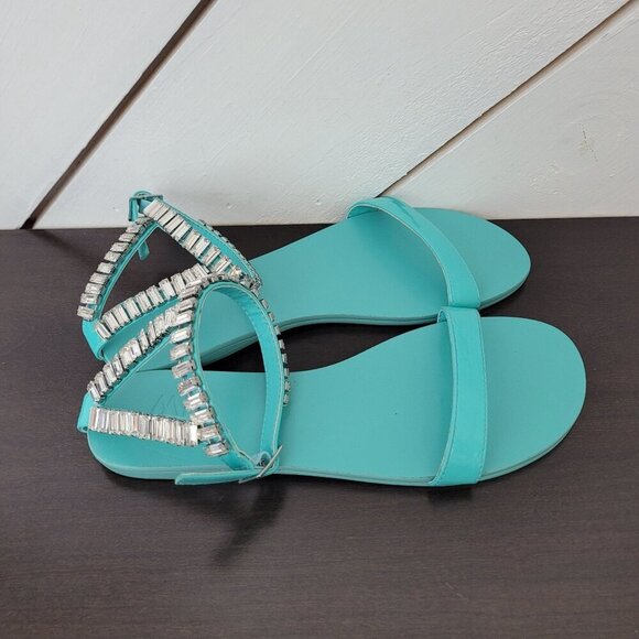 NEW AAJ By Aminah Womens Viktoria Embellished Flate Teal 7 Ankle strap Sandals - Picture 2 of 8